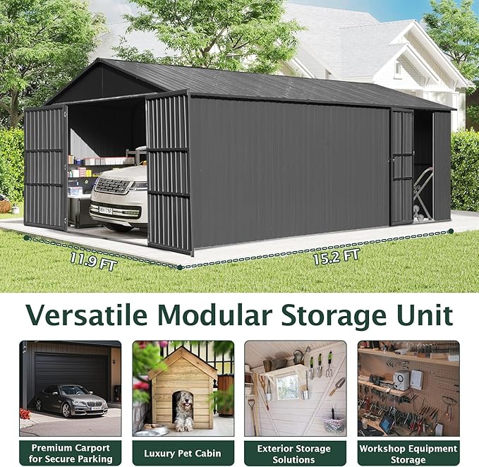 12x15FT Metal Storage Shed, Metal Garage Shed or Heavy Duty Carport, Lockable Double Hinged Doors, Extra Large Car Shelter for Car Truck Motorcycle Lawn Equipment, Wind Resistant