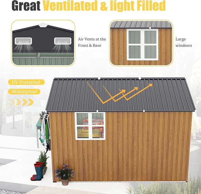 10x12 FT Outdoor Storage Shed,Extra Large Metal Garden Tool Shed with Lockable Doors,Windows & Air Vents,Dual-Zone Design Outside Steel Tiny House for Backyard, Patio Lawn,Yellow