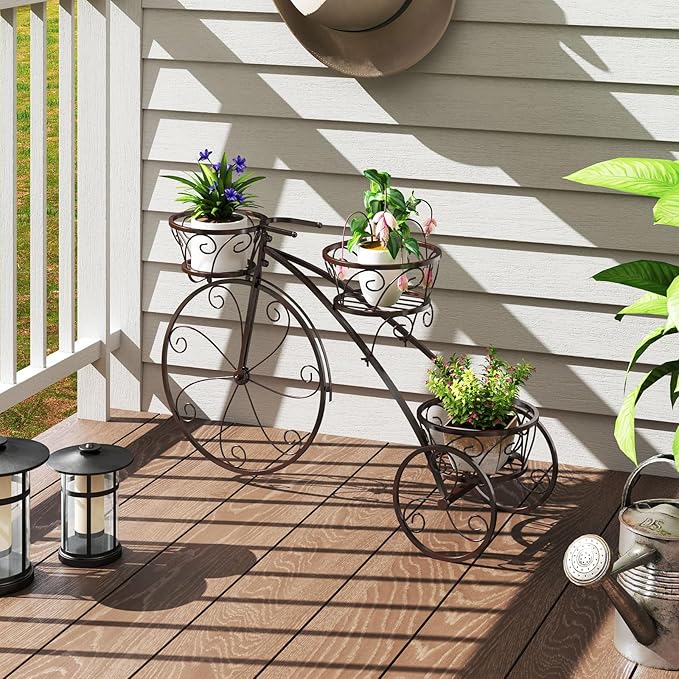 Tricycle Plant Stand, 3-Tier Metal Plant Stand Bicycle Flower Pot Cart with Hollowed Baskets, Planter Potted Holder for Patio, Garden, Deck, Lawn (Bronze)
