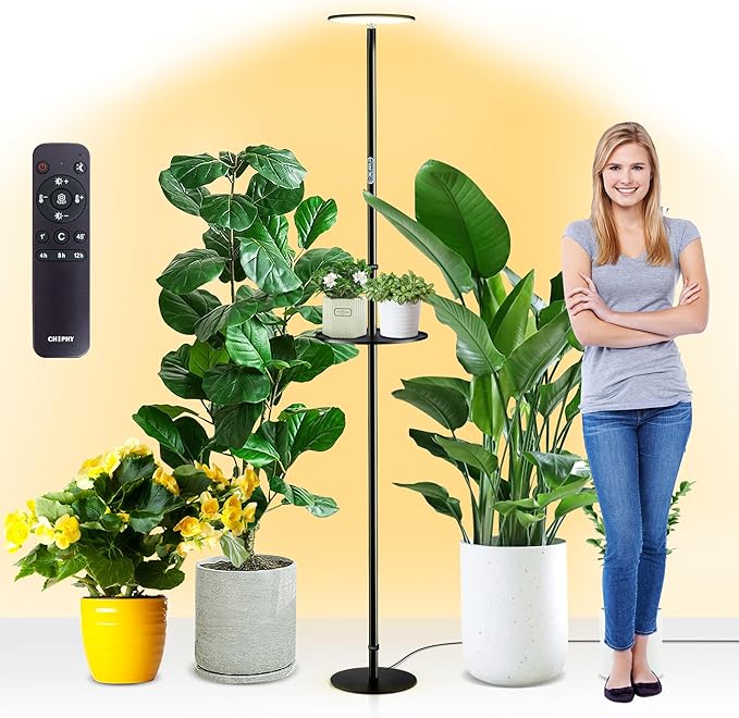 chiphy Grow Lights, Full Spectrum Plant Light for Indoor Plants, 4/8/12H Timer, 40W All Metal Floor Grow Lamp, 10 Dimmable Brightness, 69" Tall with Tray, Remote Control, Ideal for Large Tall Plants
