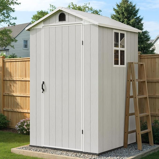 Greesum 4x4FT Plastic Storage Shed with Floor, Resin Outdoor Storaged Sheds with Lockable Door, All Weather Durable Tool Shed with Window and Vent, for Garden, Backyard, Patio, Light Gray