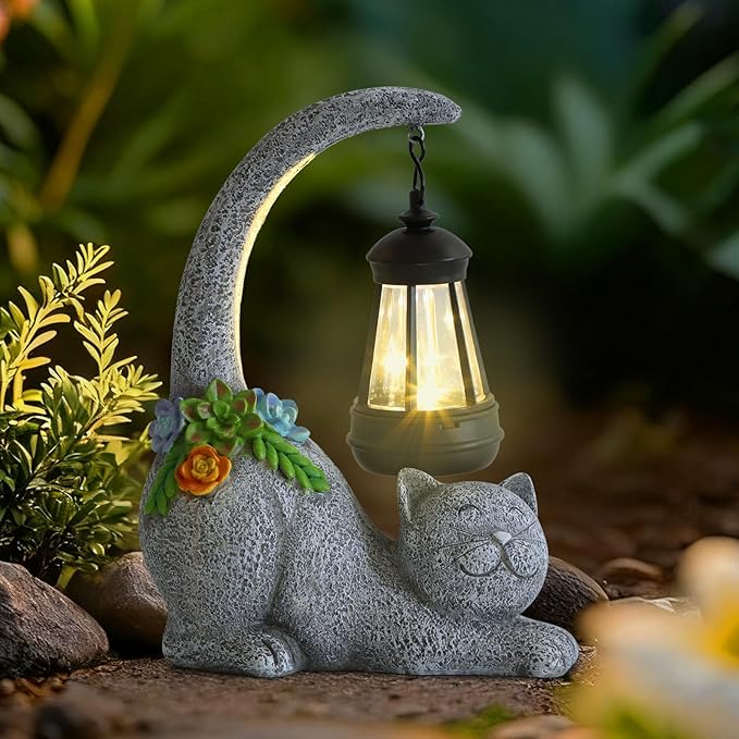 Garden Cute Cat Gnome Statue Decorations - Solar Resin Cat wtih Solar Garden Lights Outdoor Decorations Waterproof for Patio,Yard,Lawn,