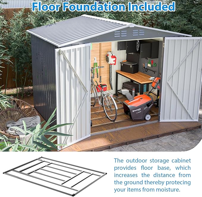 8x6 ft Outdoor Waterproof Metal Storage Shed with Foundation Floor Frame, Lockable Hinged Doors & Air Vents, All Weather Garden Tool Shed for Backyard Lawn, Galvanized Steel - Grey