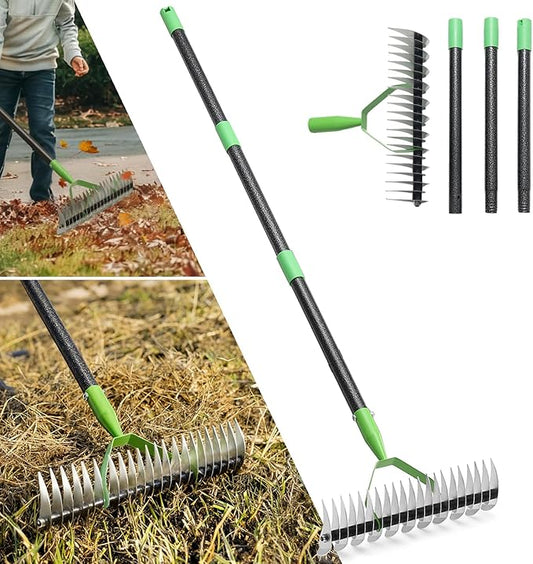 Thatch Rake, 13" Wide Efficient Dethatcher Rake with 70" Adjustable Long Handle, Heavy Duty Steel Metal Dethatching Rakes for Cleaning Dead Grass, Loosening Soil, Lawn Care in Yard Garden