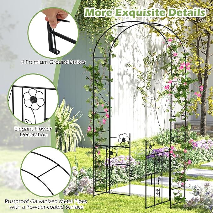 Giantex Garden Arbor with Gate, 7.5FT Metal Arch Trellis for Climbing Plants Rose Ivy, Archway Pergola with Flower Door, 4 Stakes, Garden Arch for Wedding Ceremony Bridal Party Decoration
