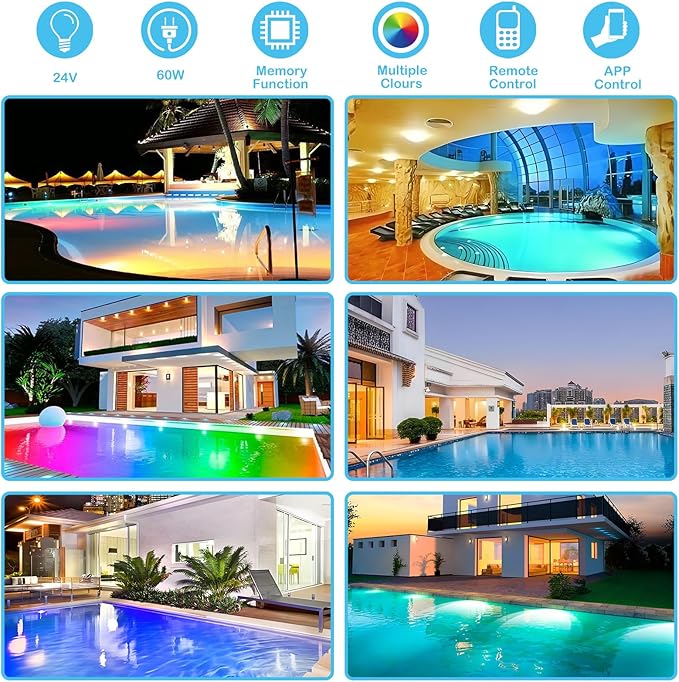 LED Pool Lights for Inground Pool, 60W 50Ft 10 Inch Pool Light with 3 Control Way (App/Remote/Manual Controller), Underwater Swimming Pool Spa Light Replacement, Fit for 10” Wet Niche, 50 Ft Cord