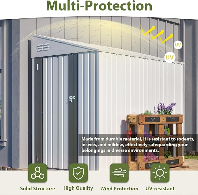 4×7 FT Outdoor Metal Storage Shed,Heavy-Duty Lean to Storage Shed with Lockable Door and Reinforced Beams,All Weather Waterproof Storage House W/2 Air Vents,for Backyard,Patio,Lawn,White