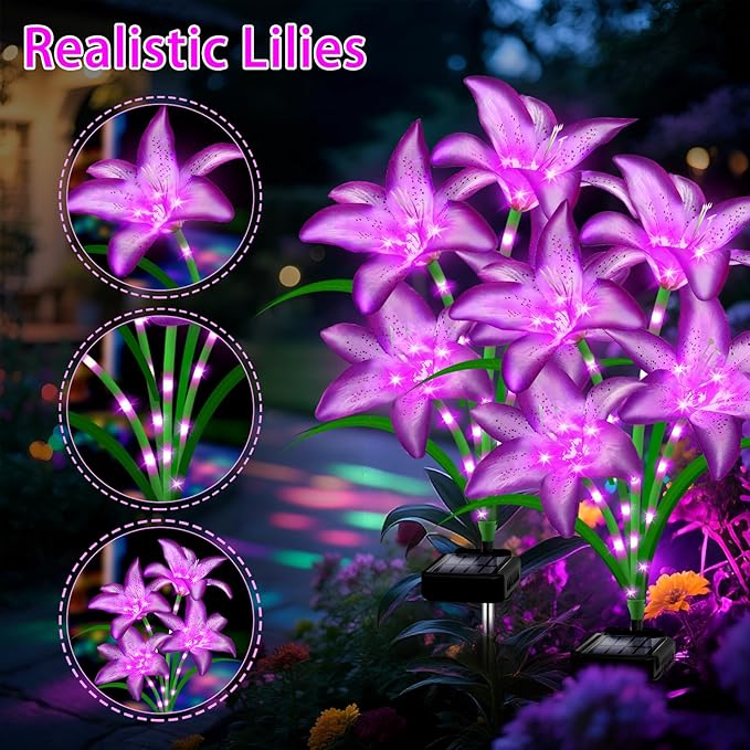 Solar Garden Lights 6 Pack 24 Purple Lily Flowers,Christmas Birthday Gifts Outdoor Solar Flower Lights,Cemetery Flowers for Grave - Decorative Lilies for Yard, Patio, Pathway Decorations