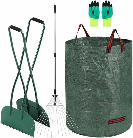 Leaf Grabber and Adjustable Metal Rake Set with Long Handle, 79-Gallon Reusable Yard Waste Bags & Gloves – Complete Leaf Collector Tool Kit