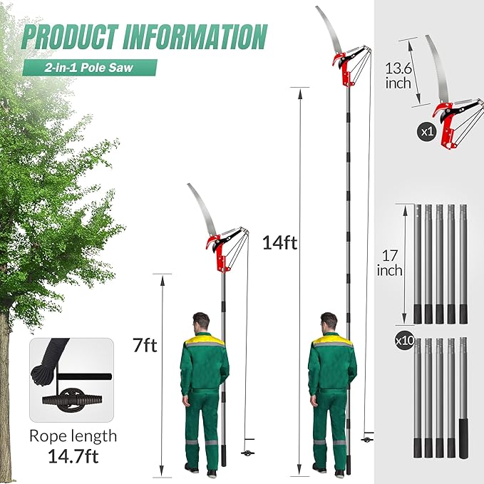 Suchtale 14FT Pole Saws for Tree Trimming, Manual Tree Pruner with Steel Saw Blade & Scissors, Long Handle Branch Cutter Pole, Extendable Limb Trimmer for High Branches, Yard Garden Pruning Tool