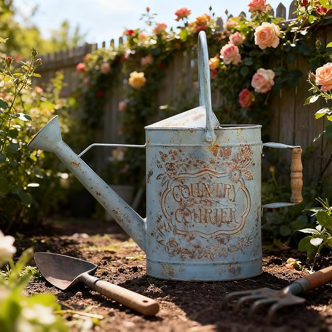 Vintage Metal Watering Can with Country Corner Floral Emboss & Wooden Handle Garden Distressed Blue Decorative Watering Pot Farmhouse Waterer for Home Garden Balcony Courtyard 2 Gallon