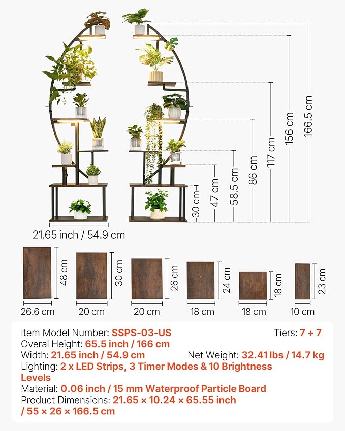 VEVOR Plant Stand Indoor with Grow Lights, 65.5 in Tall 7-Tiered Lighted Plant Shelf, 2 Pack Metal Corner Plants Holder, 3 Timer & 10 Brightness, Half-Moon Shaped Flower Display Rack for Living Room