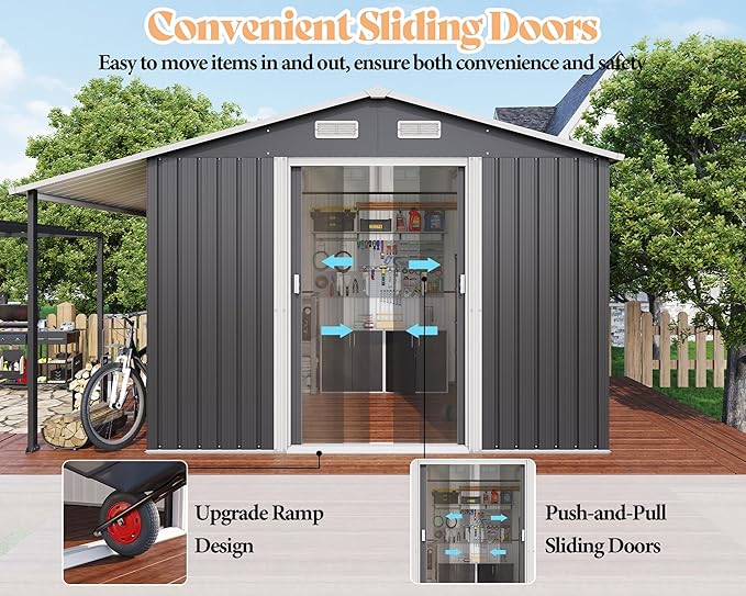 AMERLIFE 10.6x10.3x6.3 FT Galvanized Metal Storage Shed with Open Firewood Storage Area, Sliding Doors & Ramp, 2 Windows & Vents, Weather-Resistant Outdoor Tool/Yard Shed, Dark Gray