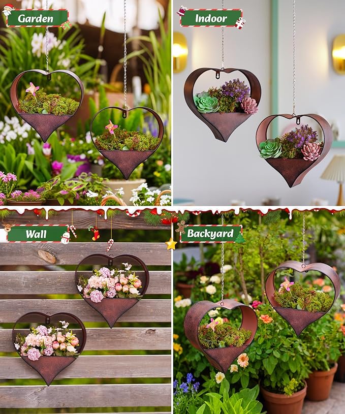 Metal Plant Hangers Indoor and Outdoor: Christmas Birthday Gifts for Women Mom Wife Garden Lovers - Heart Shape Hanging Planters Perfect for Window Wall Living Room Office Decor(2 Pack)