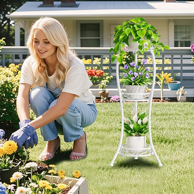 iDavosic.ly 3 Tier Tall Metal Plant Stand Indoor Outdoor, Wrought Iron Corner Flower Pot Holder Shelf, 34 Inch Vertical Display Rack for Patio Porch Living Room Garden, White