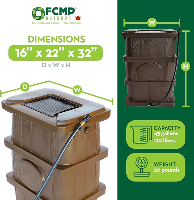 FCMP Outdoor Slim Line Design 45-Gallon Wood Grain Outdoor Home Rain Water Catcher Barrel Flat Back Container with Spigots and Mesh Screen, Brown