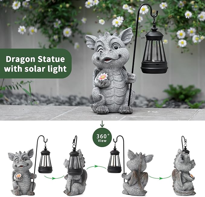 Garden Figurines Dragon Statue Decorations - Solar ResinDragon with Solar Garden Lights Outdoor Decorations for Patio,Yard,Lawn,