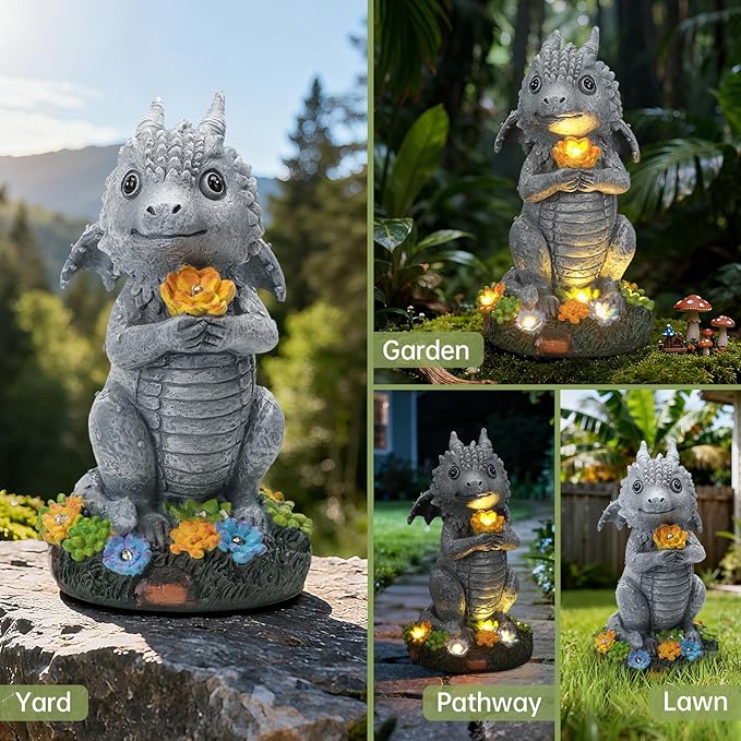 Solar Garden Outdoor Statues Dragon Holding Flower with LED Lights, Lawn Decor Outside Statue for Patio, Balcony, Yard Ornament, Housewarming Gift for Wife Mom Grandma