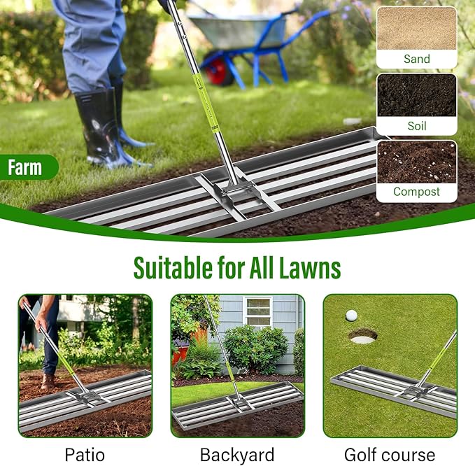Lawn Leveling Rake,48x12 inch Heavy-Duty Galvanized Steel Landscape Rake with an Adjustable 78'' Extra Long Handle Lawn Leveling Tool for Yard,Backyard,Garden,Golf,Farm,Pasture