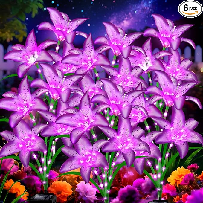 Solar Garden Lights 6 Pack 24 Purple Lily Flowers,Christmas Birthday Gifts Outdoor Solar Flower Lights,Cemetery Flowers for Grave - Decorative Lilies for Yard, Patio, Pathway Decorations