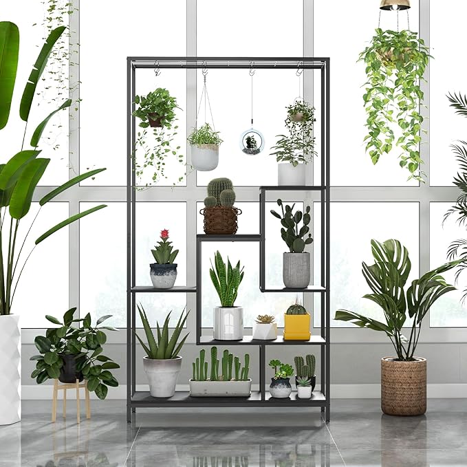 Giantex 71" Tall Plant Stand Indoor, 6-Tier Metal Plant Shelf with 10 Hanging Hooks, Multiple Potted Flower Bonsai Pots Display Rack for Indoor, Balcony, Living Room (Black)