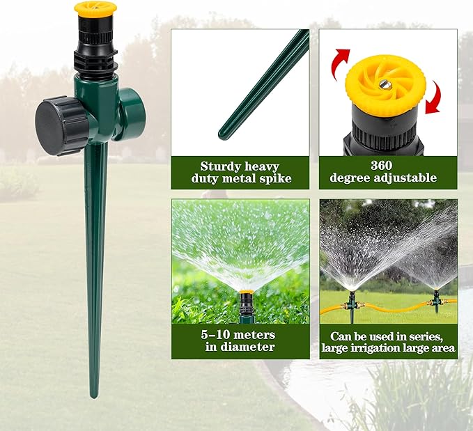 Above Ground Sprinkler System with Metal Spike Base Irrigation System for Garden Multi-Adjustable Lawn Sprinkler Set Ideal for Small Areas Plant and Flower Bed Watering, Two 15ft Green Hose Included
