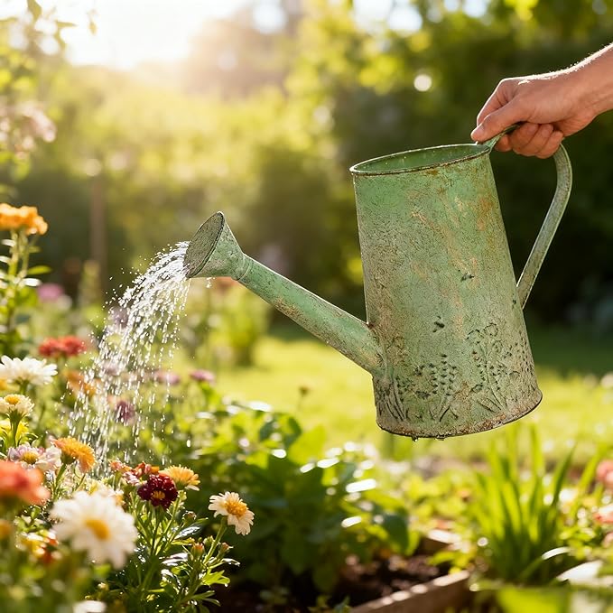 Vintage Metal Watering Can with Floral Embossed Design Garden Distressed Green Decorative Watering Pot Planter Farmhouse Waterer for Home Indoor Outdoor Garden Balcony Courtyard (Green#2)