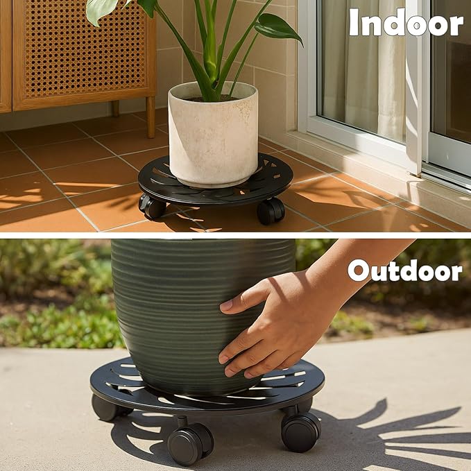 1-Pack 12 Inches Round Metal Plant Caddy with Wheels Heavy Duty Large Rolling Plant Stand Indoor Outdoor Wheeled Planter Dolly Cart with Lockable Casters Flower Pot Mover Roller Trolley, Black