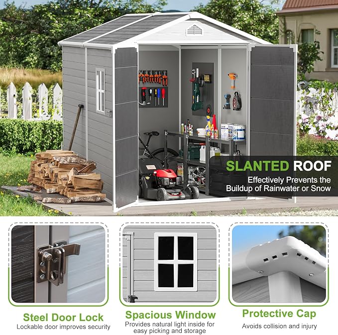 Plastic Sheds 6x8 Shed Resin Outdoor Storage with Floor Included, All-Weather Lockable Garden Tool Storage Cabinet