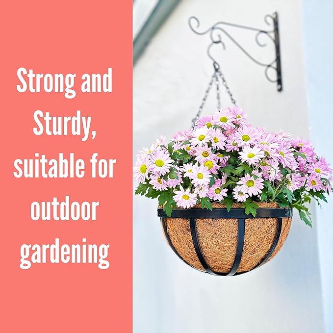 LaLaGreen Outdoor Hanging Baskets for Plants (4 Pack, 18 Inch) Extra Large Black Metal Flat Iron Hanging Planter with Coco Liner Round Flower Pot Holder Deck Porch Modern Garden Balcony Rustic Decor