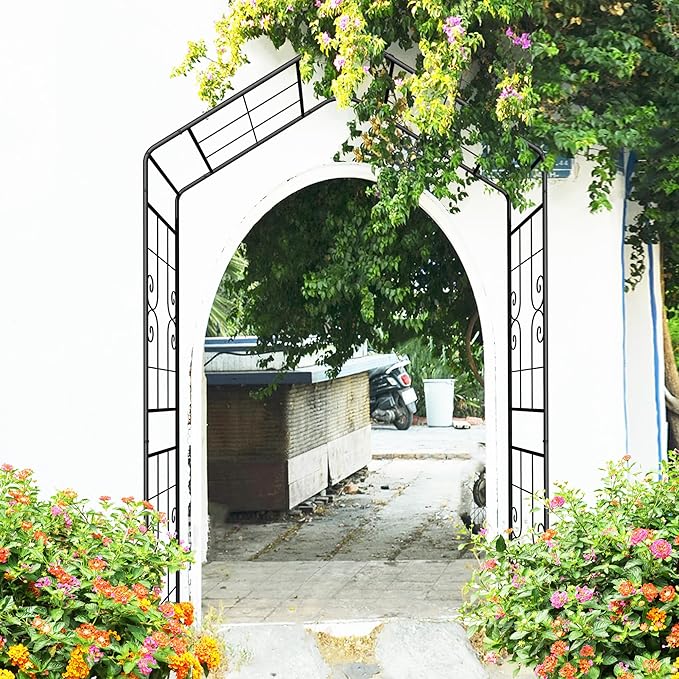 Metal Garden Arch, Assembly Garden Arbor,Trellis Climbing Plants Support, Rose Outdoor Arch,Wedding Arch, Party Events Archway,Steeple (Black, W56.3"X94.5")