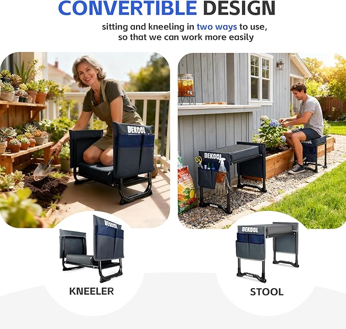 Garden Kneeler and Seat with Upgraded Wide & 3" Thick Kneeling Pad, Heavy Duty Garden Stool with 2 Large Tool Bags, Portable Bench for Weeding, Gardening Gifts for Women, Men, Seniors, Grey