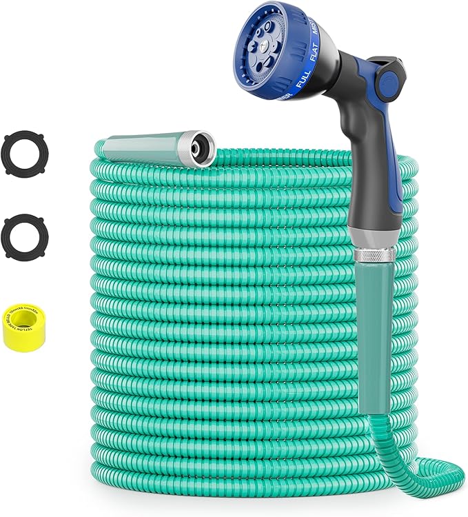 SPECILITE 25ft 304 Stainless Steel Garden Hose Metal, Heavy Duty Water Pipe with Nozzles for Yard, Outdoor - Flexible, Never Kink & Tangle, Puncture Resistant (Aqua)