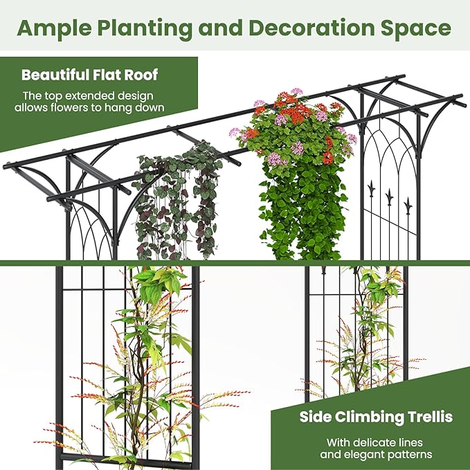 Giantex Metal Garden Arbor with Trellis, 81" Outdoor Arch for Climbing Plants, Heavy-Duty Rust-Resistant Steel Archway with 4 Stakes for Garden, Wedding, Party, and Yard Decoration, Black