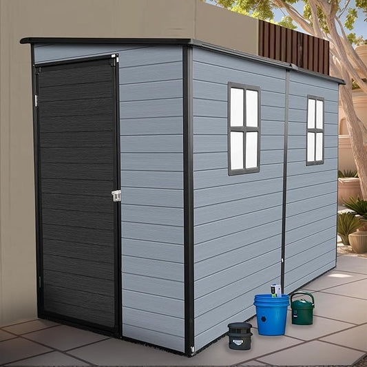 4x8ft Lean to Shed, Resin Outdoor Storage Shed with Floor and 2 Windows, Plastic Sheds & Outdoor Storage Clearance for Patio Furniture, Garden Tools Bike Accessories, Beach Chairs, Black+Grey