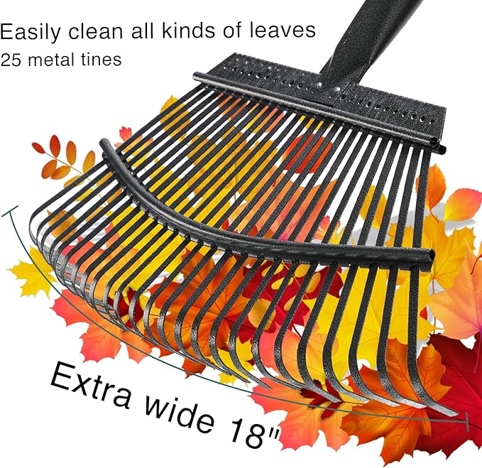 Garden Leaf Rake, Shrub Rake for Leaves Long Handle Heavy Duty, 18" Width Metal Mulch Rake for Gardening, Flower Beds, Lawn, Yard, 6ft
