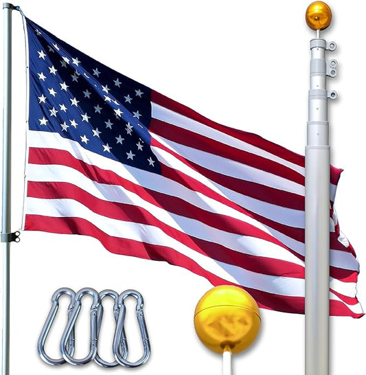 Service First Silver 20FT Telescoping Flagpole Kit for Outside House In Ground - Anti Tangle Swivel Ring Design - 100MPH Wind Tested