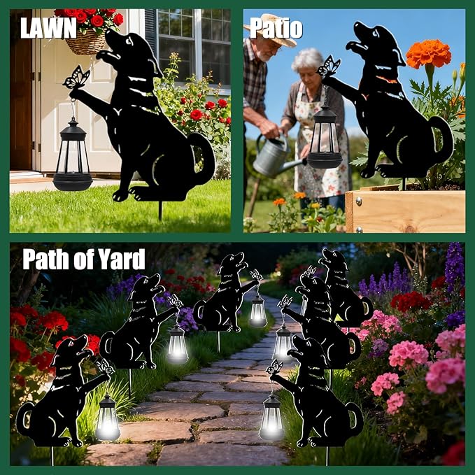 Black Dog Christmas Decorations Outdoor - Solar Lights Outdoor Garden Decor Stake with Butterfly Decorative Metal Housewarming Ornament for Yard Pathway Lawn Patio – Unique Gift Ideas for Christmas
