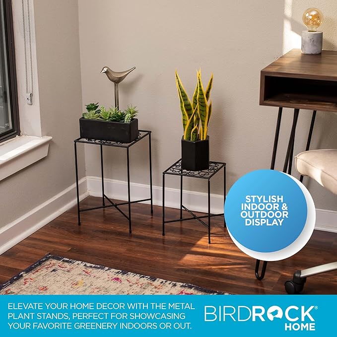BIRDROCK HOME Metal Plant Stands - Durable Iron with Decorative Scroll Design - Compact Folding Stand for Small Plants, Succulents, and Flowers - Perfect for Indoor and Outdoor Use - Black, Set of 2
