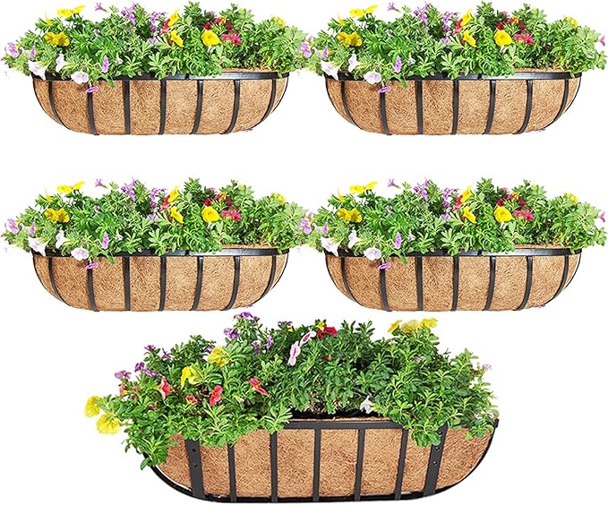 4 Pcs 16“ Railing Planter Window Box Deck Railing Planters Boxes with Coco Liner English Horse Trough Planters Metal Wall-Mounted Planter Basket for Outdoor Balcony Porch Fence Patio Rail