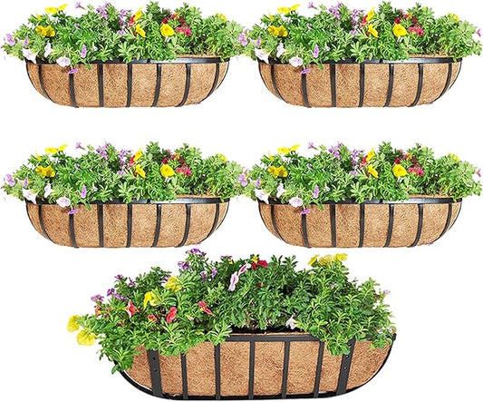 4 Pcs 16“ Railing Planter Window Box Deck Railing Planters Boxes with Coco Liner English Horse Trough Planters Metal Wall-Mounted Planter Basket for Outdoor Balcony Porch Fence Patio Rail
