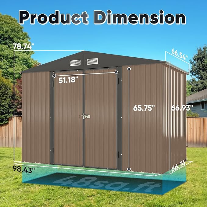 Quictent Heavy Duty 8X6 FT Outdoor Metal Storage Shed, Lockable Tool Shelter Waterproof Shed for Garden, Backyard, Lawn and Patio Scene with Combination Lock, Brown(8.2X5.8 FT Base, No Floor)
