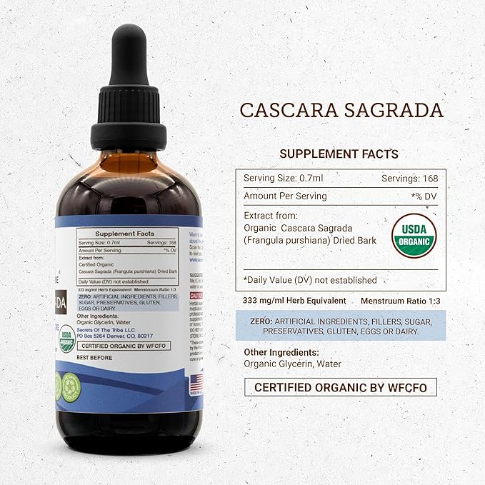 Secrets of the Tribe Cascara Sagrada USDA Organic | Alcohol-Free Extract, High-Potency Herbal Drops | Made from 100% Certified Organic Cascara Sagrada (Frangula purshiana) Dried Bark (4 oz)
