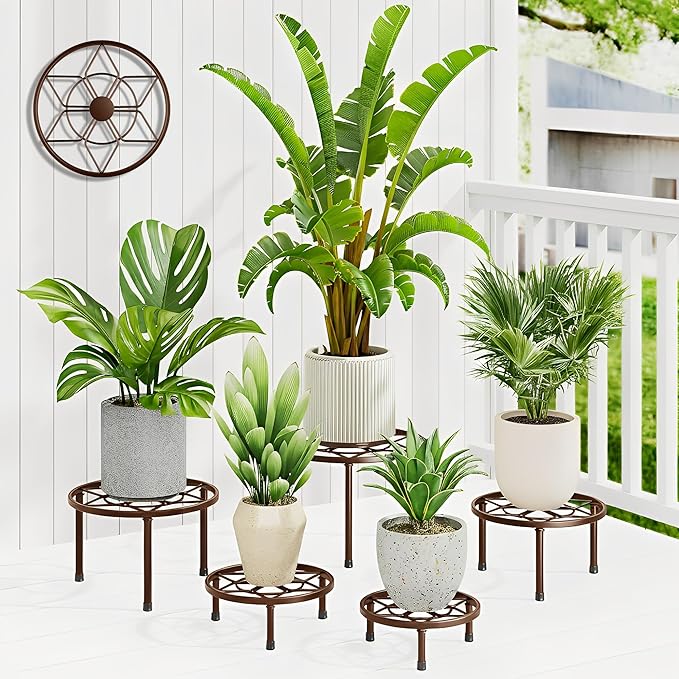 5 Pack Metal Plant Stand Outdoor Indoor,Heavy Duty Flower Pot Stand Holder for Multiple Plants,Rustproof Iron Round Shelf for Planter,Potted Plant Holder for Patio(BrownDiamond)