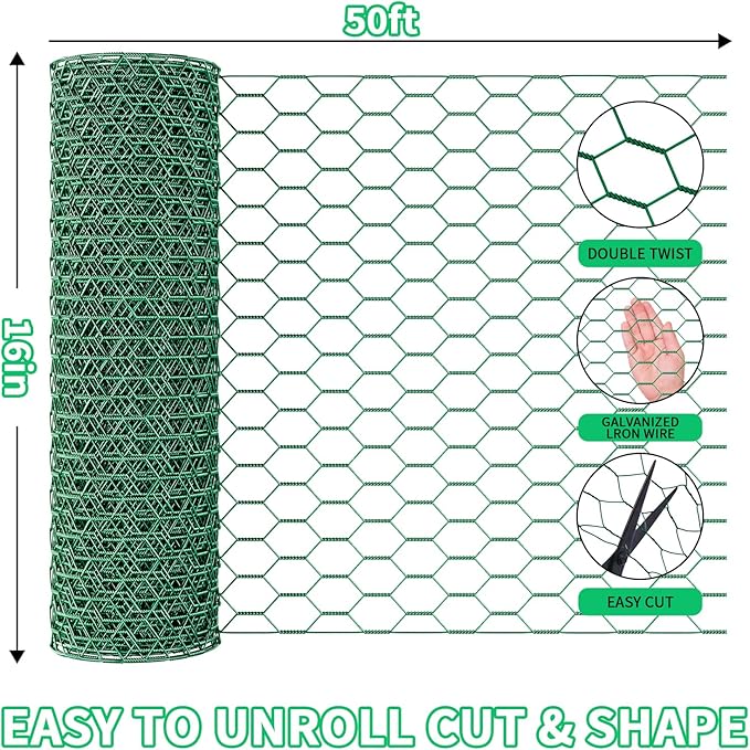 16 x 600 Inches Chicken Wire for Floral Arrangements, Green Chicken Wire, Hexagonal Galvanized Wire Mesh for Poultry Barrier, Flower Arrangement, Crafts and Garden