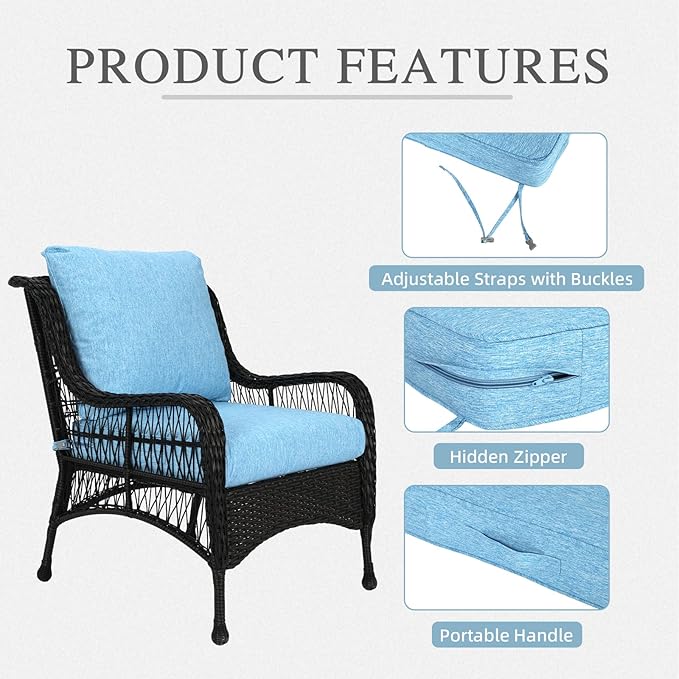 Aoodor 23" x 26" Patio Deep Seat Cushion Set, Water Resistant & Fade Resistant Outdoor Furniture Cushions with Adjustable Straps for Patio, Deck, Garden, Set of 2, Lake Blue