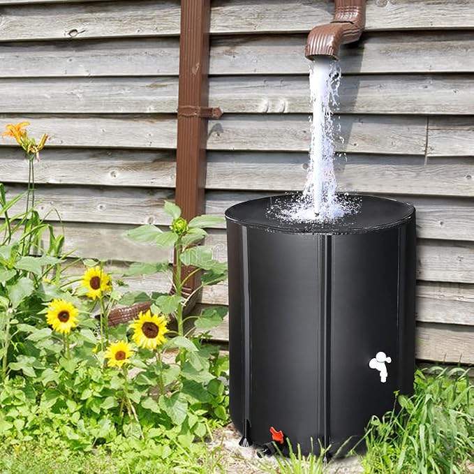 50 Gallon Collapsible Rain Barrel, Water Storage Tank, Portable Rainwater Collection System, Rain Catcher Barrel with Two Spigots and Overflow Kit, Rain Water Barrel Collector for Garden, Black