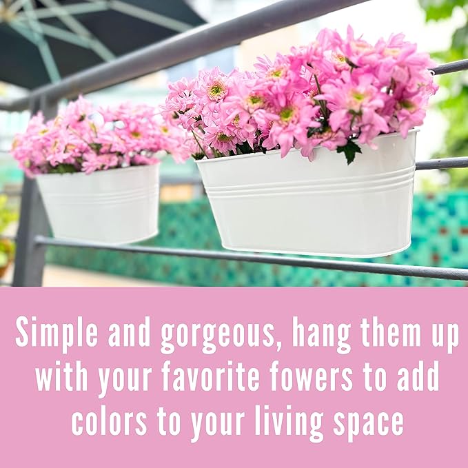 LaLaGreen Rail Planter Outdoor Plant (3 Pack, 11.8 Inch) White Metal Iron Hanging Flower Pot Deck Railings Fence Buckets Modern Countryside Boho Style Wall Mount Window Box Holder Hooks Porch Decor