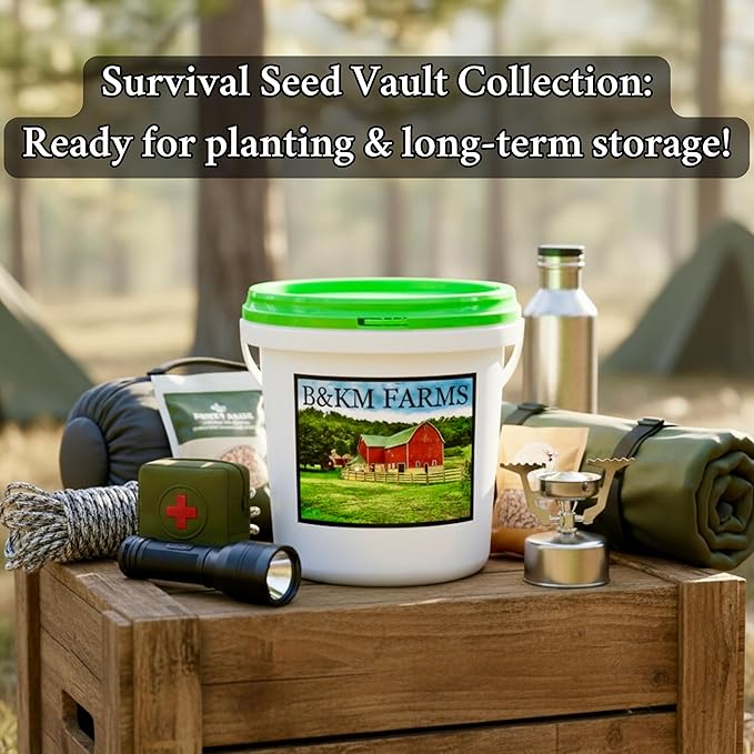 B&KM Farms 25,000+ Survival Seed Kit 5+ Year Supply. 40 Fruit & Vegetable Non-GMO Heirloom Seeds for Planting a Home Garden. Secure Emergency Weather-Proof Bucket
