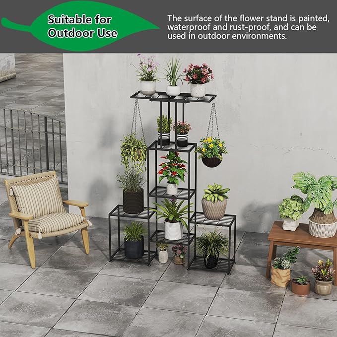 Plant Stand Indoor Outdoor, Metal 6 Tier Tall Hanging Plant Shelf for Multiple Flower Planter Large Heavy Duty Ladder Plant Holder for Garden, Black (y-202)